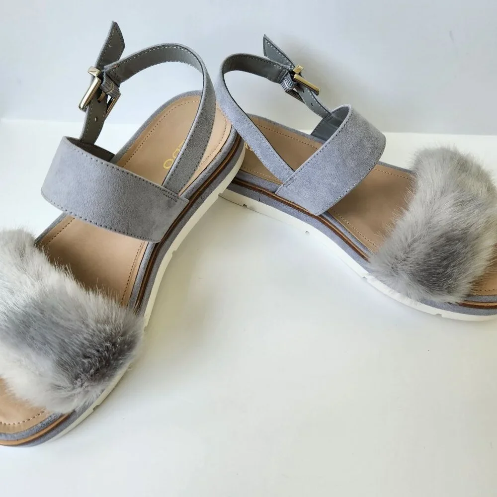 Aldo Gray Faux Fur Platform Sandals Suede Summer Casual Party Glam Pretty Cute - Picture 9 of 10